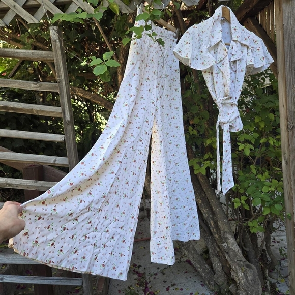 Vintage Pants - Vintage Top + High Waist Palazzo Pant Wide Leg Pants Matching Suit Set XXS XS